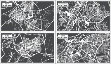 Setif, Constantine, Oran ve Djelfa Cezayir Şehir Haritası Retro Style ile Siyah ve Beyaz Renkli. Özet Haritası.