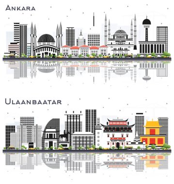 Ulaanbaatar Moğolistan ve Ankara Türkiye Şehri Beyaz Üzerine Renk Binaları ve Yansımaları İzole Edilmiş.