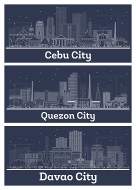 Quezon, Davao, Cebu Şehri Filipinleri Beyaz Binalarla Skyline Set.