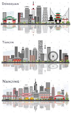 Tianjin, Nanjing ve Dongguan Çin Şehri Skyline seti Gri Binalar ve Yansımalar Beyazlara izole edildi.