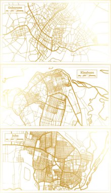 Juba South Sudan, Kinshasa Democratic Republic of the Congo and Gaborone Botswana City Map Set in Retro Style in Golden Color. Outline Map. clipart