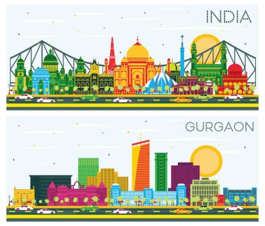 Gurgaon ve India City Skyline Set Renkli Binalar ve Mavi Gökyüzü. Delhi mi? Hyderabad. Kolkata.