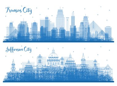 Özet Jefferson City ve Kansas City Missouri Skyline Set with Blue Buildings.
