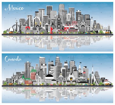 Mexico ve Canada City Skyline Set ile Gray Buildings, Blue Sky ve Reflections. Şehir simgeleriyle dolu. Puebla. Meksika mı? Tijuana. Guadalajara. Ottawa 'da. Toronto mu? Montreal. Vancouver.