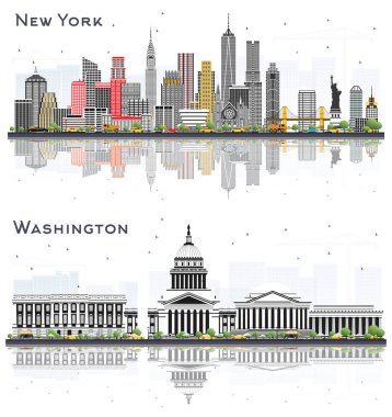 Washington DC ve New York City Skyline Set Gri Gökdelenler ve Beyaz Yansımalar.