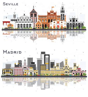 Madrid ve Seville İspanya 'nın Skyline seti Beyaz Renk Binaları ve Yansımaları İzole Edildi.