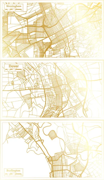 Dover Delaware, Burlington Vermont and Birmingham Alabama USA City Map Set in Retro Style in Golden Color. Outline Map.
