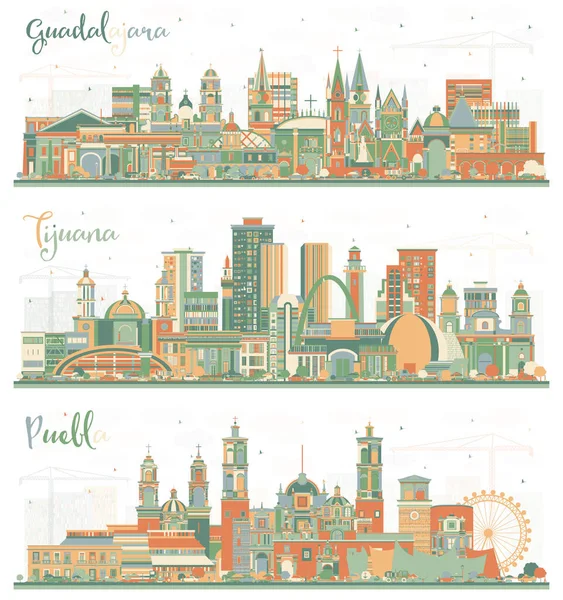 Tijuana, Puebla and Guadalajara Mexico City Skyline Set with Color Buildings. Tourism Concept with Historic and Modern Architecture. Cityscape with Landmarks.