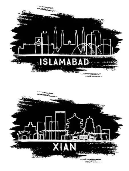 Xian Chiny Islamabad Pakistan City Skyline Silhouette Set Ręcznie Narysowany — Zdjęcie stockowe