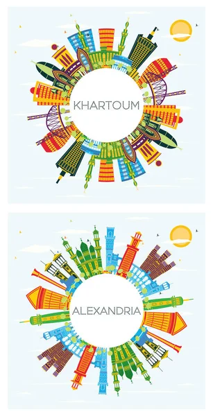 Khartum Sudan Und Alexandria Ägypten City Skyline Mit Farbigen Gebäuden — Stockfoto