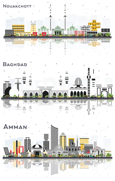 Amman Jordan Bagdad Irak Nouakchott Mauritania Skyline Set Color Buildings — Stock Fotó