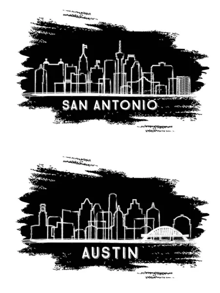 Austin San Antonio Texas City Skyline Silhouette Set Boceto Dibujado —  Fotos de Stock