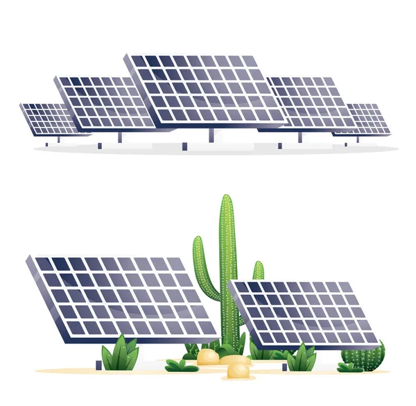 Solar Panels and Plants of Desert Isolated on White. Cactuses and Stones.