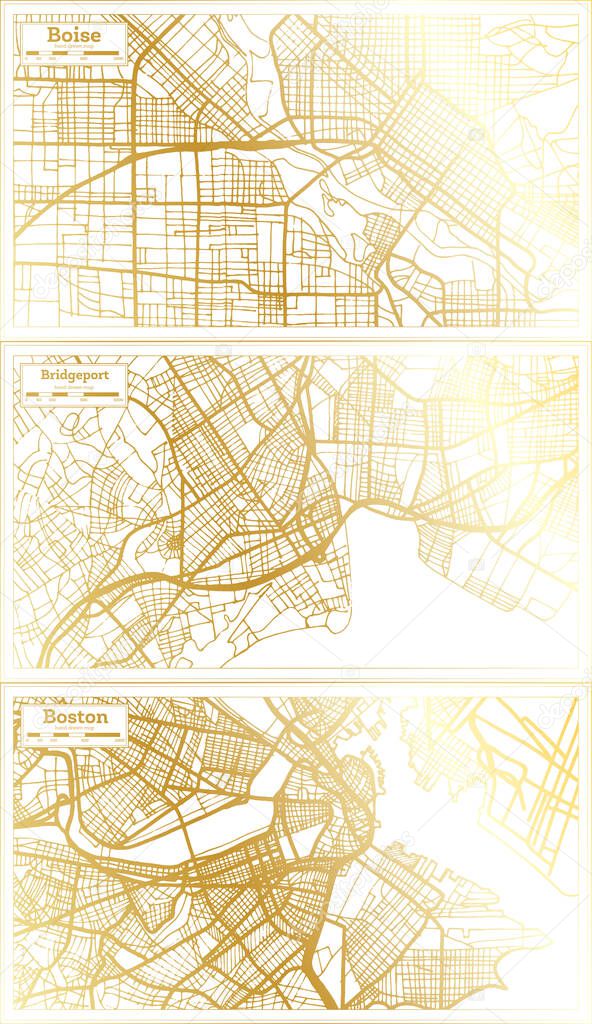 Bridgeport, Boston and Boise USA City Map Set in Retro Style in Golden Color. Outline Map.