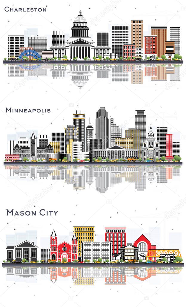 Minneapolis Minnesota, Mason City Iowa and Charleston West Virginia City Skyline Set with Color Buildings and Reflections Isolated on White.