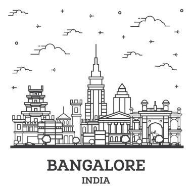 Bangalore India City Skyline 'ın ana hatları. Tarihi Binalar beyaza izole edilmiş. Vektör İllüstrasyonu. Simgeli Bangalore Şehir Manzarası.