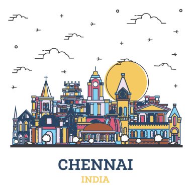 Chennai India City Skyline 'ın ana hatlarıyla beyaza izole edilmiş renkli tarihi binalar. Vektör İllüstrasyonu. Tarihi Simgeli Chennai Şehri.