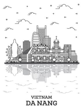 Da Nang Vietnam Şehri 'nin ana hatları. Tarihi Binalar ve Beyazın Yansımaları. Vektör İllüstrasyonu. Da Nang Şehir Simgeleriyle.