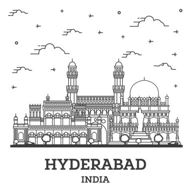 Hyderabad India City Skyline 'ın ana hatlarıyla beyaza izole edilmiş tarihi binalar. Vektör İllüstrasyonu. Yer İmlerine sahip Hyderabad Şehir Manzarası.