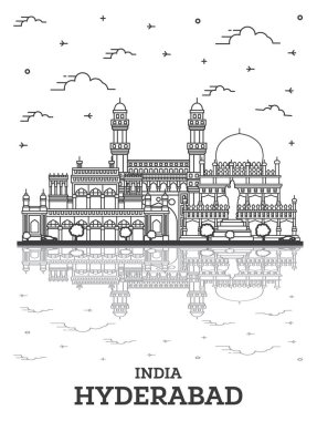 Hyderabad, Hindistan 'ın tarihi yapıları ve beyaza izole edilmiş yansımaları olan silueti. Vektör İllüstrasyonu. Yer İmlerine sahip Hyderabad Şehir Manzarası.