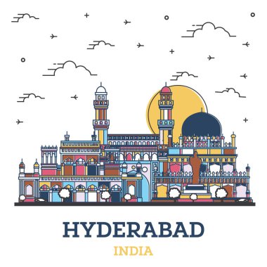 Hyderabad India City Skyline 'ın ana hatları ve beyaza izole edilmiş renkli tarihi binalar. Vektör İllüstrasyonu. Yer İmlerine sahip Hyderabad Şehir Manzarası.