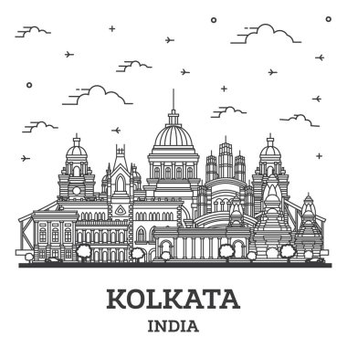 Kolkata India City Skyline 'ın ana hatlarıyla beyaza izole edilmiş tarihi binalar. Vektör İllüstrasyonu. Tarihi Simgeli Kolkata Şehir Manzarası.