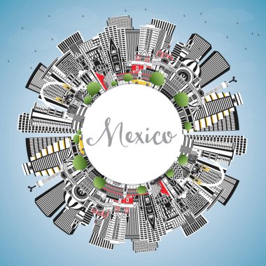 Gri Binaları, Mavi Gökyüzü ve Kopya Uzayı olan Mexico City Skyline. Vektör İllüstrasyonu. Tarih Mimarisi kavramı. Meksiko Şehri 'nin simgeleri. Puebla. Meksika mı? Tijuana. Guadalajara.