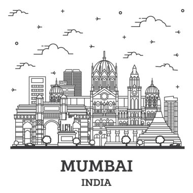 Mumbai Hindistan Şehri 'nin ana hatları. Tarihi Binalar beyazlar üzerinde izole edilmiş. Vektör İllüstrasyonu. Tarihi Simgeli Bombay Şehir Manzarası.