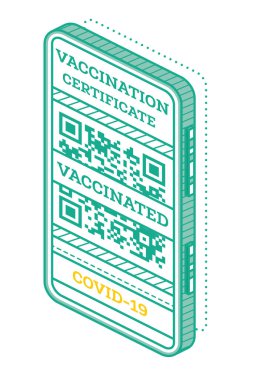 Smartphone ekranında QR kodlu aşı sertifikası. Isometric Uluslararası Bağışıklık Sertifikası. Vektör İllüstrasyonu. Sağlık Pasaportu.