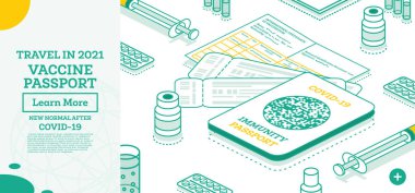 Biletli Isometric dokunulmazlık pasaportu ve Uluslararası Aşı Sertifikası - Coronavirus Covid-19. Şırınga ve Aşı Şişesi ile kavram. Vektör İllüstrasyonu.