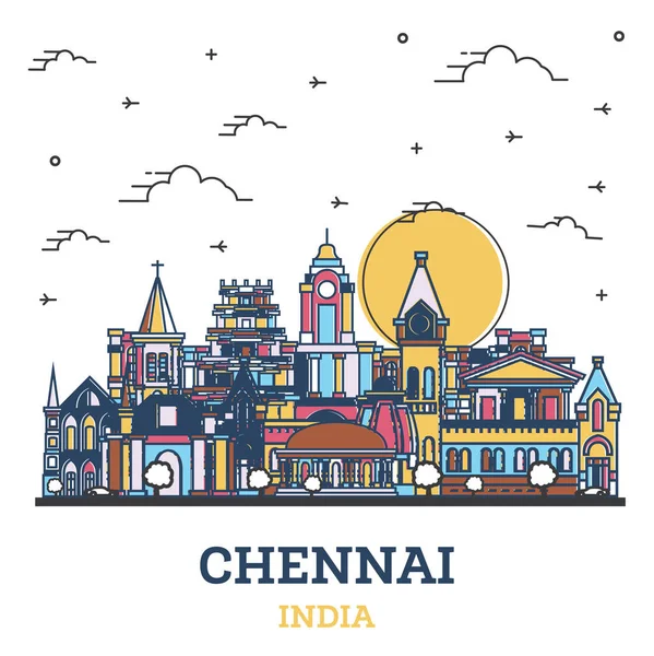 Συνοπτική Chennai Ινδία Πόλη Skyline Χρωματιστά Ιστορικά Κτίρια Απομονωμένα Λευκό — Διανυσματικό Αρχείο