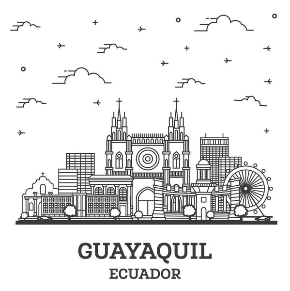 Контур Guayaquil Ecuador City Skyline с историческими зданиями, изолированными на белом. Векторная иллюстрация. Гуаякиль городской пейзаж с достопримечательностями.