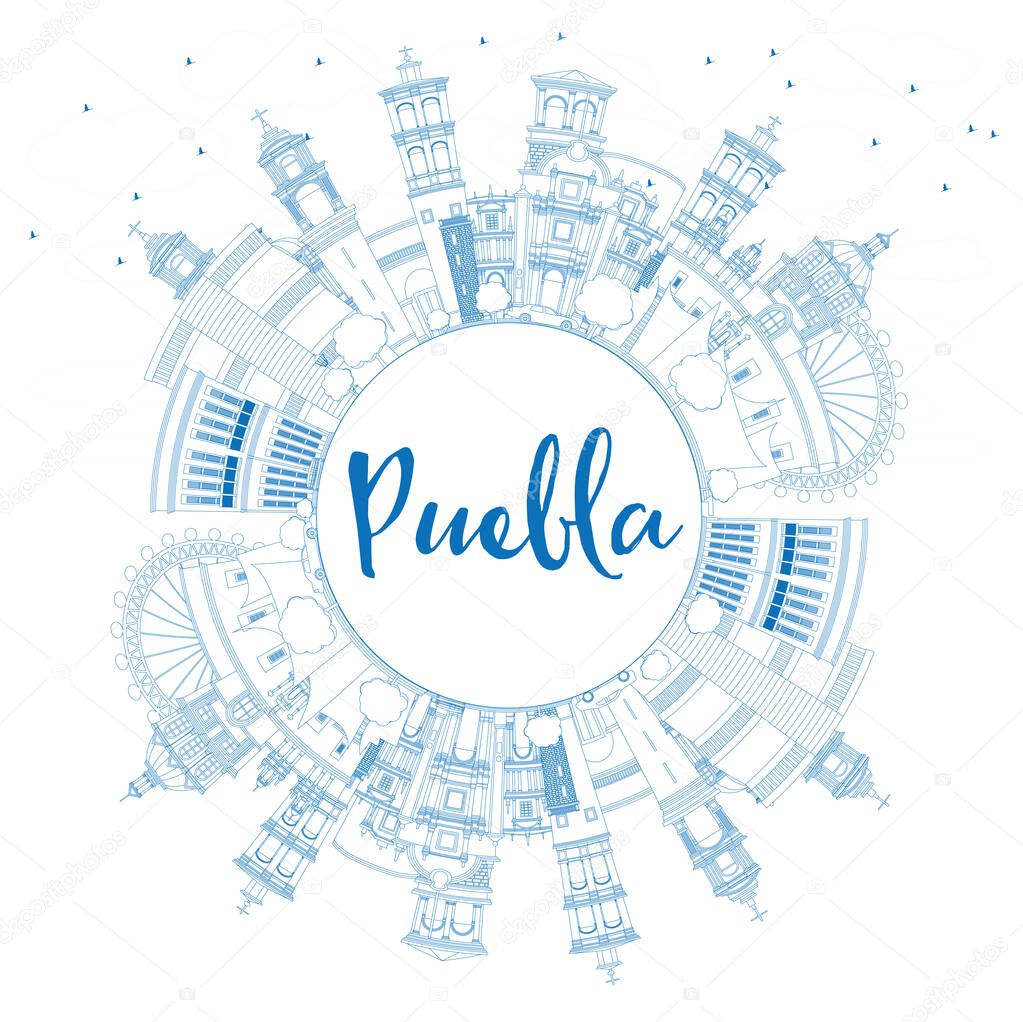 Outline Puebla Mexico City Skyline with Blue Buildings and Copy Space. Vector Illustration. Tourism Concept with Historic and Modern Architecture. Puebla Cityscape with Landmarks.