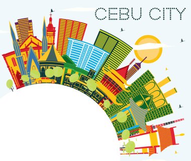 Cebu City Filipinleri Renkli Binalar, Mavi Gökyüzü ve Kopya Uzayı ile Skyline. Vektör İllüstrasyonu. Modern Mimariyle İş Seyahatleri ve Turizm Konsepti. Kentin simgelerine sahip Cebu Şehri.