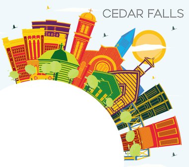 Cedar Falls Iowa Skyline, Renkli Binalar, Mavi Gökyüzü ve Kopya Uzay. Vektör İllüstrasyonu. Tarihi Mimariyle İş Seyahati ve Turizm İllüstrasyonu. 