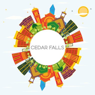 Cedar Falls Iowa Skyline, Renkli Binalar, Mavi Gökyüzü ve Kopya Uzay. Vektör İllüstrasyonu. Tarihi Mimariyle İş Seyahati ve Turizm İllüstrasyonu. 