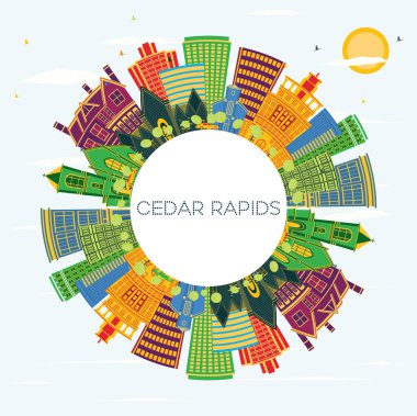 Cedar Rapids Iowa City Skyline Renkli Binalar, Mavi Gökyüzü ve Kopya Uzayı. Vektör İllüstrasyonu. Tarihi Mimariyle Seyahat ve Turizm İllüstrasyonu. Yer imleriyle Cedar Rapids Şehir Manzarası.