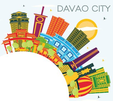 Davao City Filipinleri Renkli Binalar, Mavi Gökyüzü ve Kopya Uzayı ile Skyline. Vektör İllüstrasyonu. Modern Mimariyle İş Seyahati ve Turizm İllüstrasyonu.