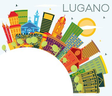 Lugano İsviçre Skyline Renkli Binalar, Mavi Gökyüzü ve Kopya Uzayı. Vektör İllüstrasyonu. Tarihi Mimariyle İş Seyahati ve Turizm İllüstrasyonu. Tarihi Simgeli Lugano Şehri.