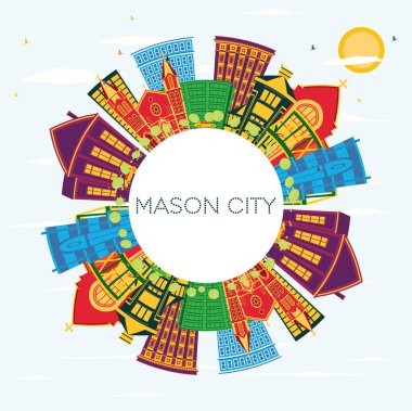 Mason City Iowa Skyline Renkli Binalar, Mavi Gökyüzü ve Kopya Uzayı. Vektör İllüstrasyonu. Tarihi Mimariyle İş Seyahati ve Turizm İllüstrasyonu.