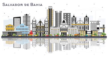 Salvador de Bahia Brezilya Şehri Renkli Binalar ve Beyaz Yansımalar ile Skyline. Vektör İllüstrasyonu. Tarih Mimarisi kavramı. Landmark 'lı Salvador de Bahia Şehri.