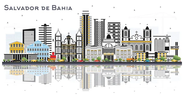 Salvador Bahia Ciudad Brasil Skyline Con Edificios Color Reflexiones Aisladas — Vector de stock