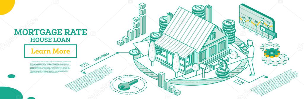 House Loan or Money Investment to Real Estate. Mortgage Rate. Vector Illustration. Isometric Outline Concept with Residential Building.