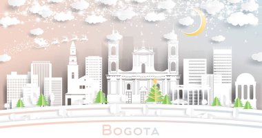 Bogota Colombia City Skyline in Paper Cut Style with Snowflakes, Moon and Neon Garland. Vector Illustration. Christmas and New Year Concept. Santa Claus on Sleigh. Bogota Cityscape with Landmarks. clipart