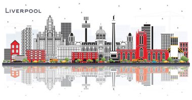 Liverpool Skyline ile Renkli Binalar ve Beyaz 'a Yansımalar. Vektör İllüstrasyonu. Tarihi Mimariyle Seyahat ve Turizm Konsepti. Tarihi Simgeli Liverpool Şehri.