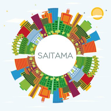 Saitama Japon Şehir Skyline Renkli Binalar, Mavi Gökyüzü ve Kopyalama Uzayı. Vektör İllüstrasyonu. Modern Mimariyle Seyahat ve Turizm Konsepti. Simgeli Saitama Şehir Alanı. 