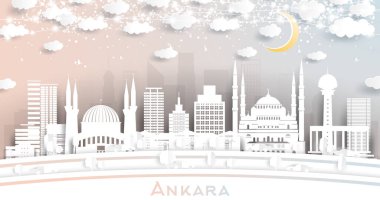 Ankara Türkiye 'de Beyaz Binalar, Ay ve Neon Çelenklerle Kağıt Kesiği Biçimli Skyline. Vektör İllüstrasyonu. Seyahat ve Turizm Konsepti. Ankara Kent Simgeleriyle.