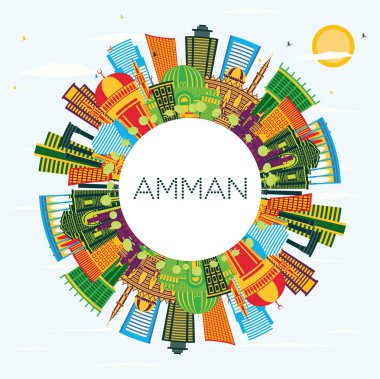 Renkli Binalar, Mavi Gökyüzü ve Kopya Uzayı ile Amman Jordan City Skyline. Vektör İllüstrasyonu. Modern Mimariyle İş Seyahatleri ve Turizm Konsepti. Amman Şehir Manzarası Simgeli. 
