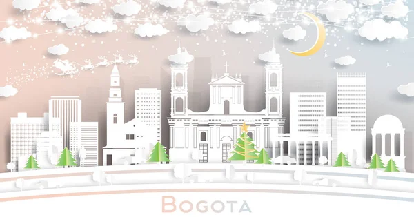 Bogota Colombia City Skyline Стиле Paper Cut Подснежниками Луной Неоновой — стоковый вектор