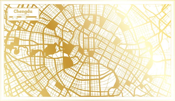 Chengdu China City Map Retro Style Golden Color Outline Map — Stock Vector